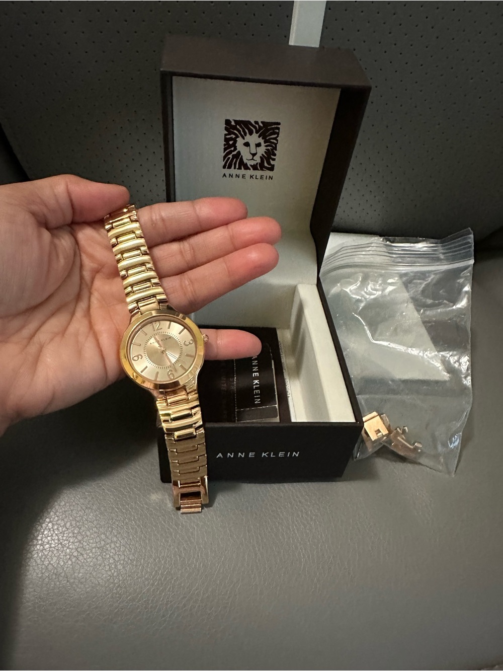 Anne Klein Rose Gold-Tone Link Bracelet Watch, Champagne Dial, No battery, EUC
